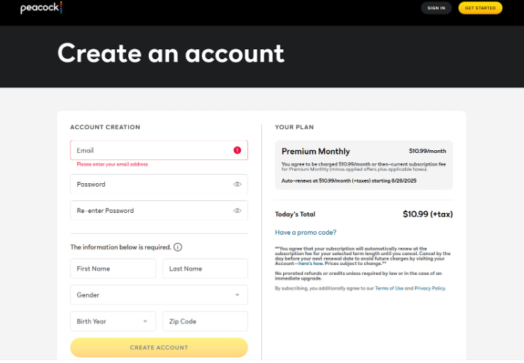 Create Your Account on Peacock