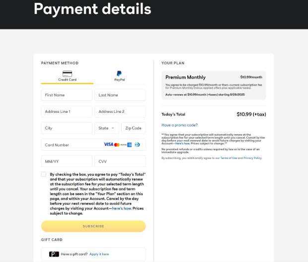 Peacock Payment Details 